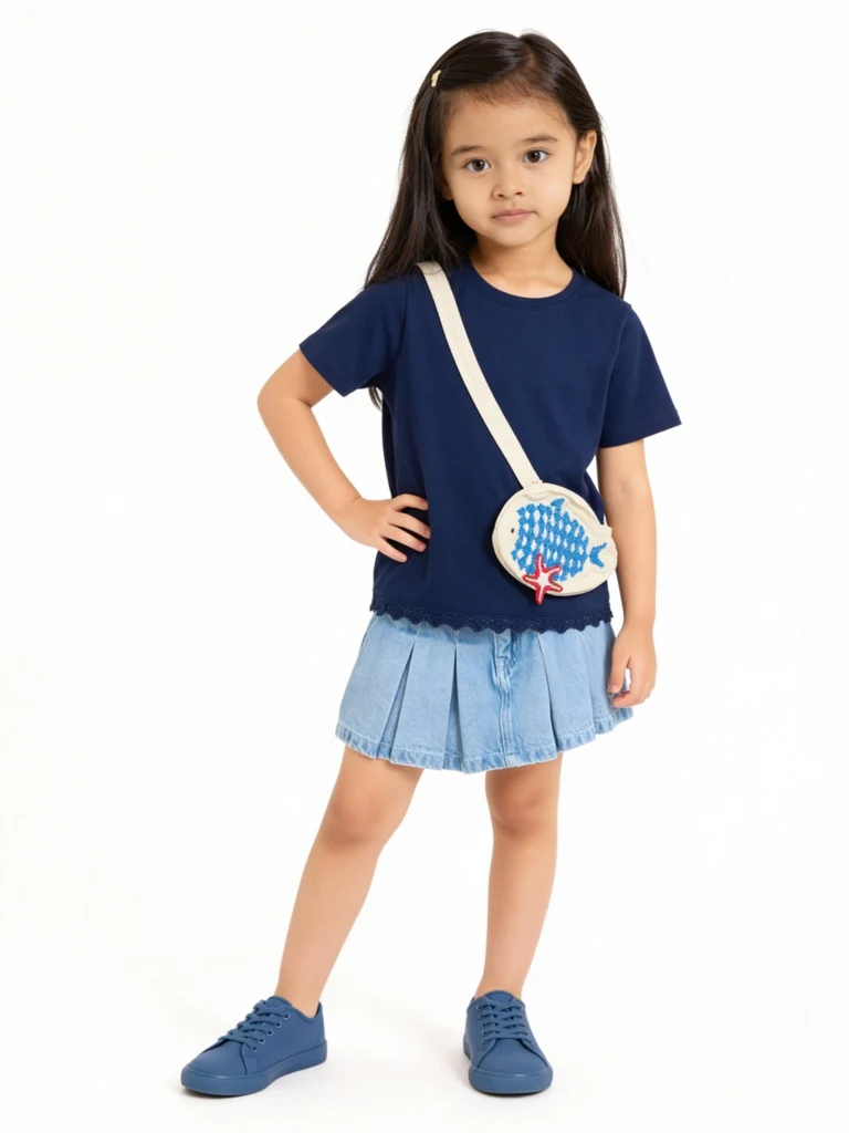 HOP Kids Girls Navy Pouch Detailed Cotton T-Shirt