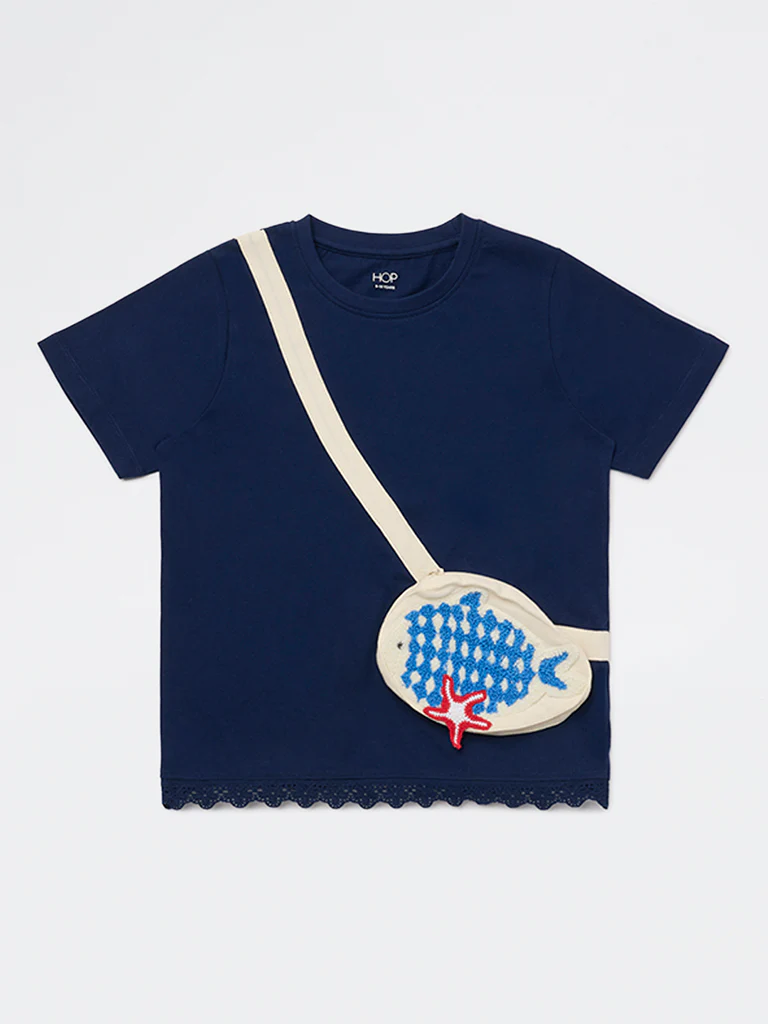 HOP Kids Girls Navy Pouch Detailed Cotton T-Shirt - Image 3
