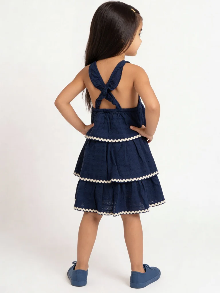 HOP Kids Girls Navy Seersucker-Textured Cotton Tiered Dress - Image 2