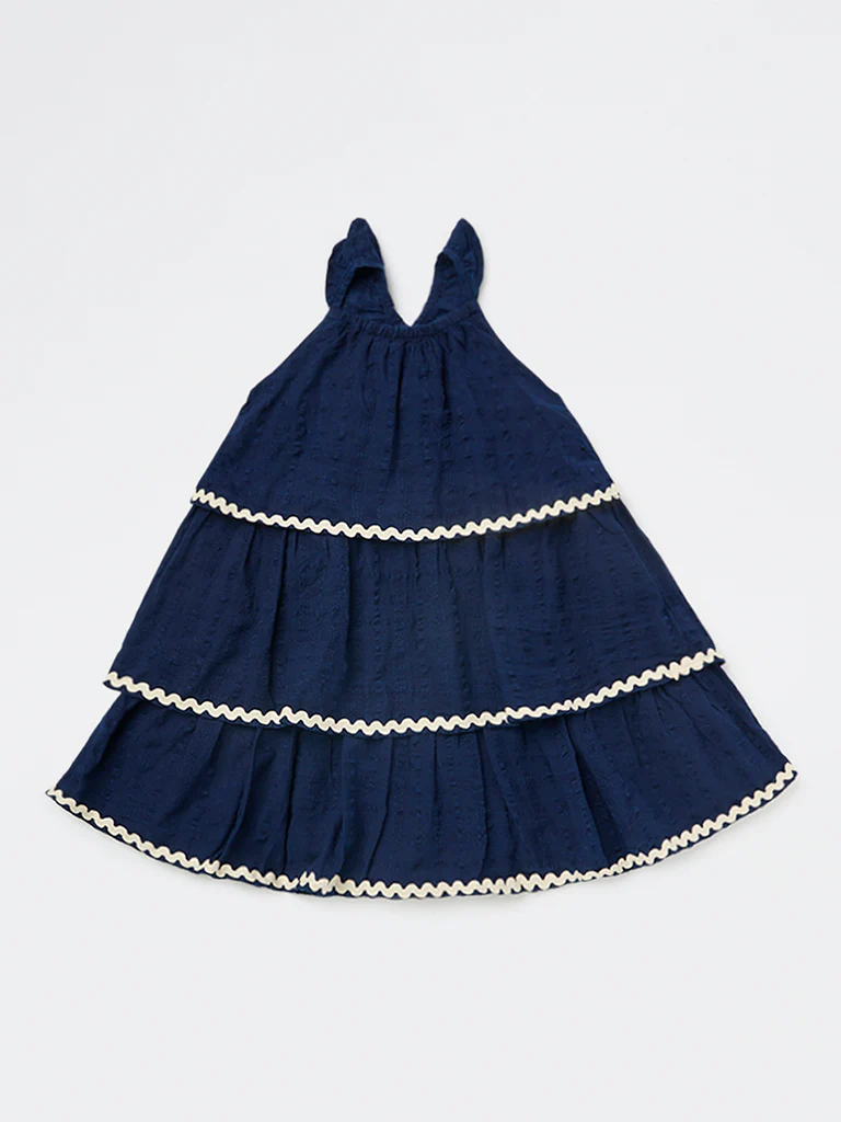 HOP Kids Girls Navy Seersucker-Textured Cotton Tiered Dress - Image 3