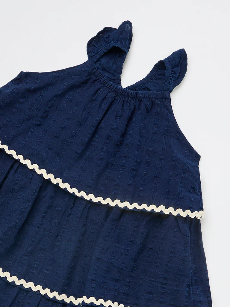 HOP Kids Girls Navy Seersucker-Textured Cotton Tiered Dress - Image 5