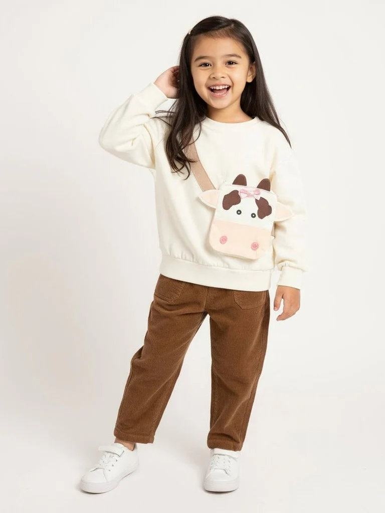 HOP Kids Girls Off-White Animal Design Cotton-Blend Sweatshirt