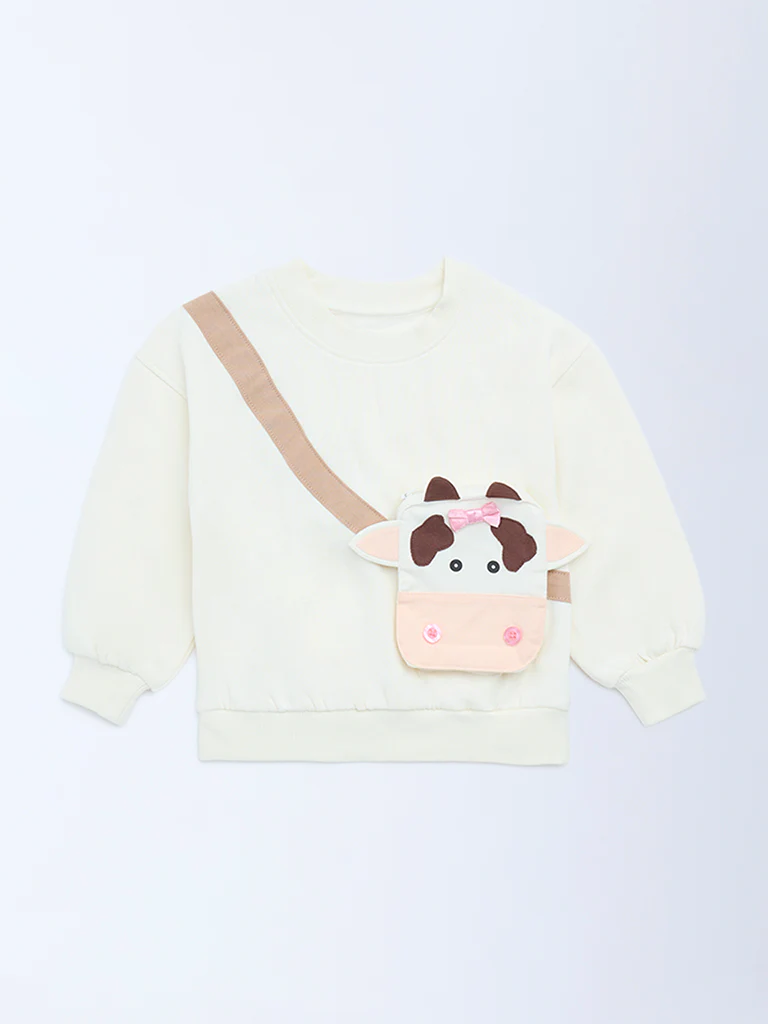 HOP Kids Girls Off-White Animal Design Cotton-Blend Sweatshirt - Image 2