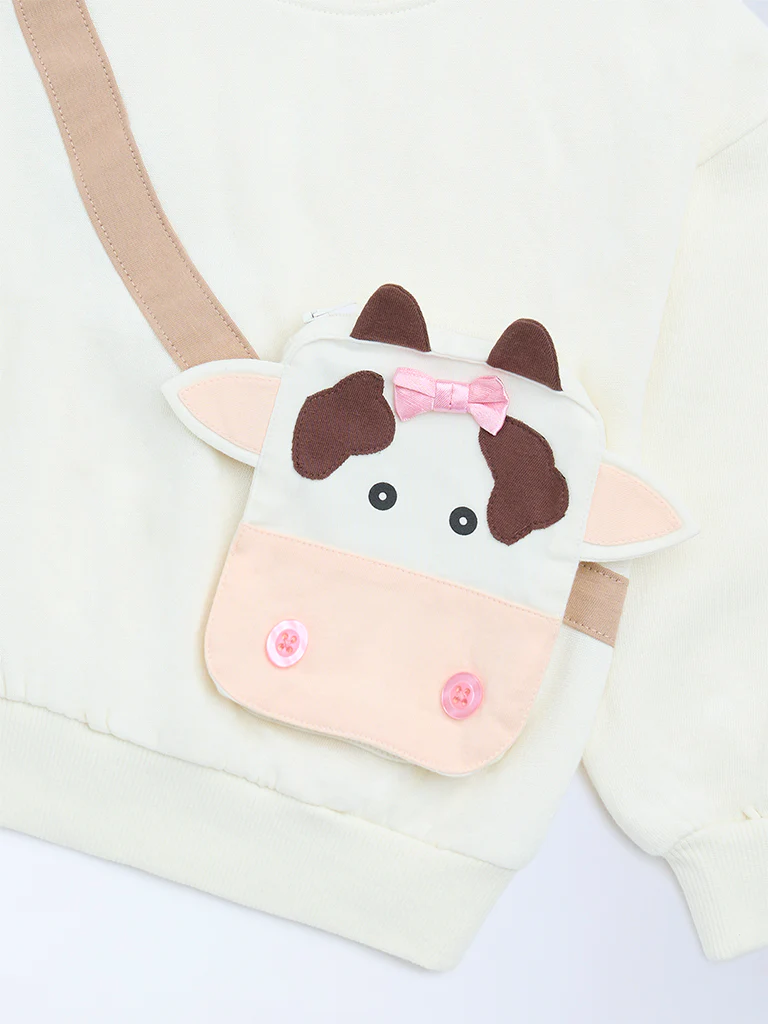 HOP Kids Girls Off-White Animal Design Cotton-Blend Sweatshirt - Image 4