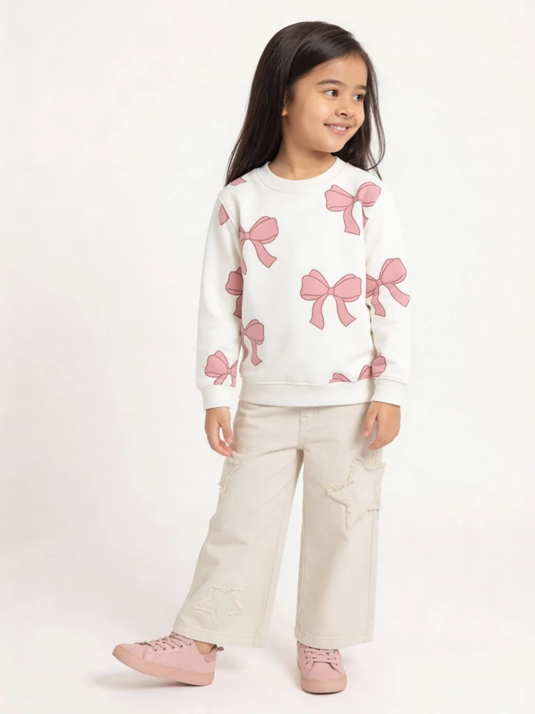 HOP Kids Girls Off-White Bow Design Cotton-Blend Sweatshirt