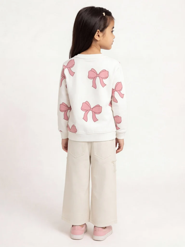 HOP Kids Girls Off-White Bow Design Cotton-Blend Sweatshirt - Image 2