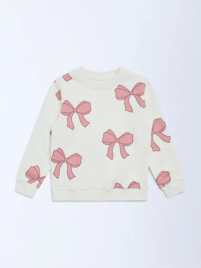 HOP Kids Girls Off-White Bow Design Cotton-Blend Sweatshirt - Image 3