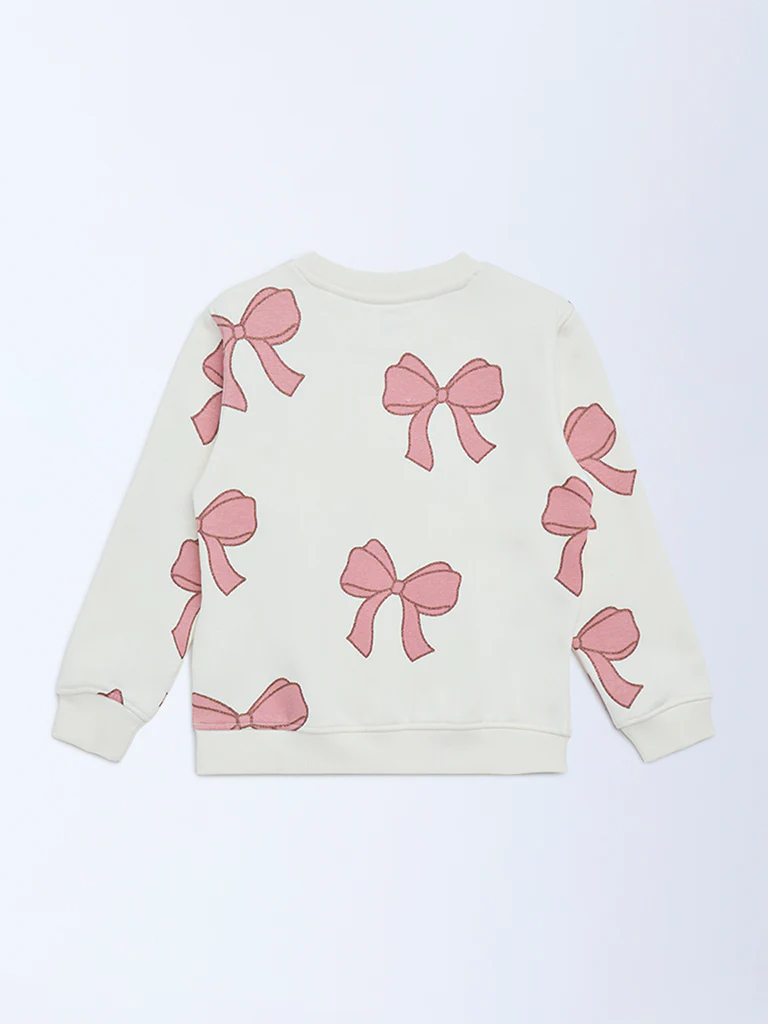 HOP Kids Girls Off-White Bow Design Cotton-Blend Sweatshirt - Image 4