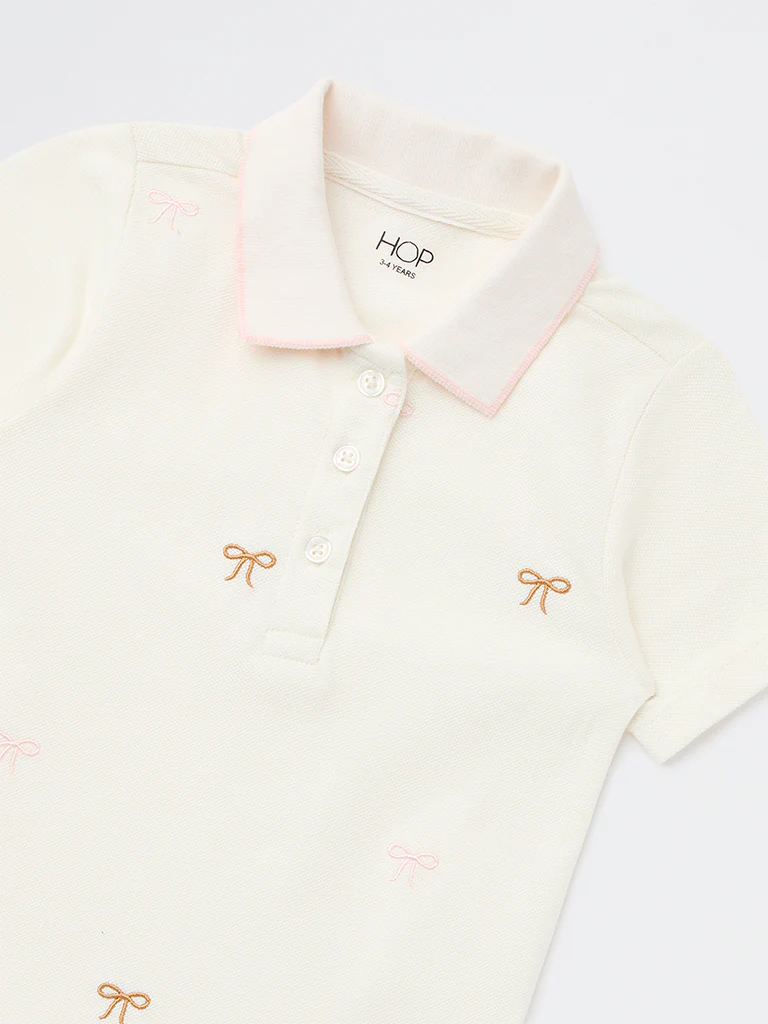HOP Kids Girls Off-White Bow Detailed Cotton Shirt Dress - Image 5