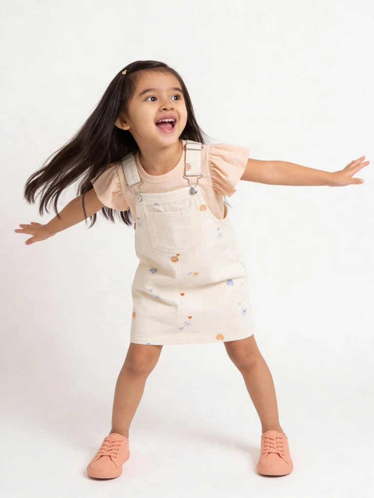 HOP Kids Girls Off-White Cotton Pinafore and T-Shirt Set