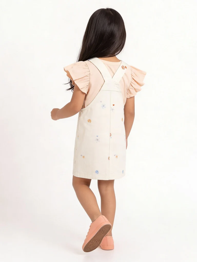HOP Kids Girls Off-White Cotton Pinafore and T-Shirt Set - Image 2