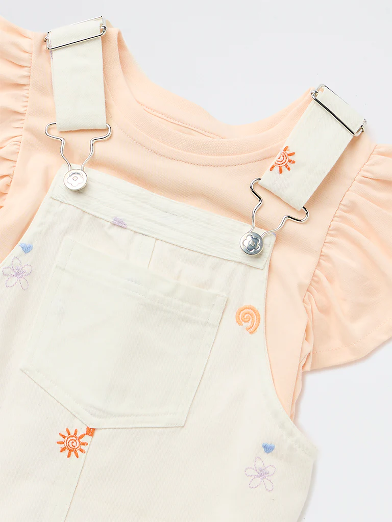 HOP Kids Girls Off-White Cotton Pinafore and T-Shirt Set - Image 5