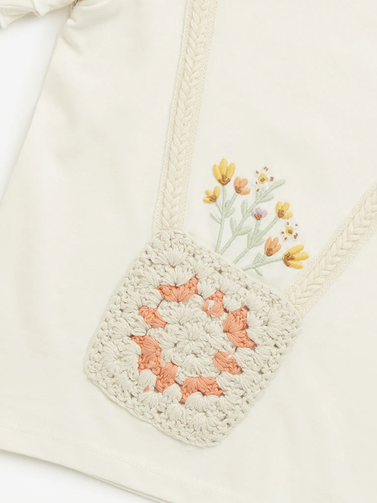 HOP Kids Girls Off-White Crochet Detailed Cotton Top - Image 3