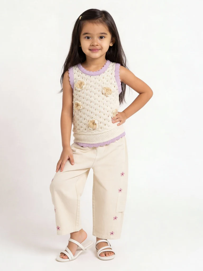 HOP Kids Girls Off-White Crochet-Knitted Cotton Top