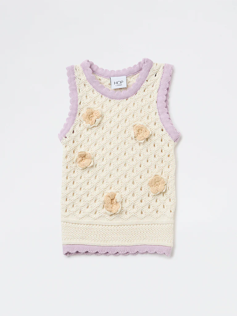 HOP Kids Girls Off-White Crochet-Knitted Cotton Top - Image 3
