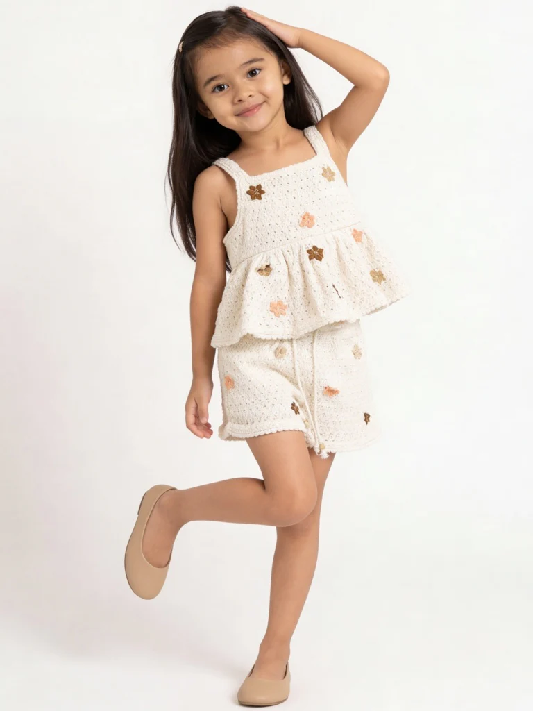 HOP Kids Girls Off-White Crochet-Knitted Cotton Top and Shorts Set