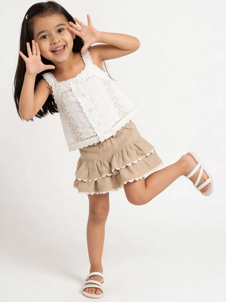 HOP Kids Girls Off-White Embroidered Cotton-Blend Top