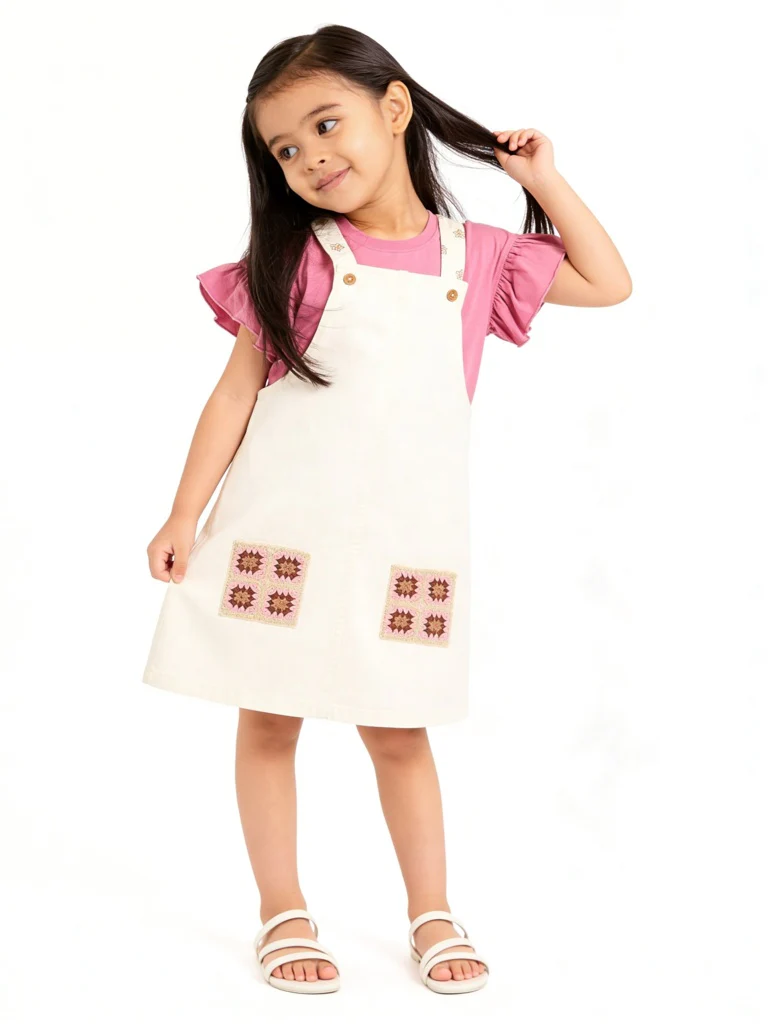 HOP Kids Girls Off-White Embroidered Cotton Pinafore and T-Shirt Set