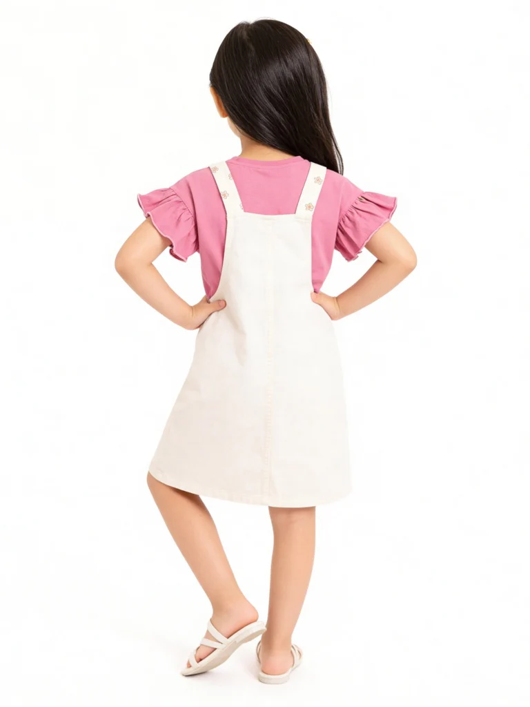 HOP Kids Girls Off-White Embroidered Cotton Pinafore and T-Shirt Set - Image 2