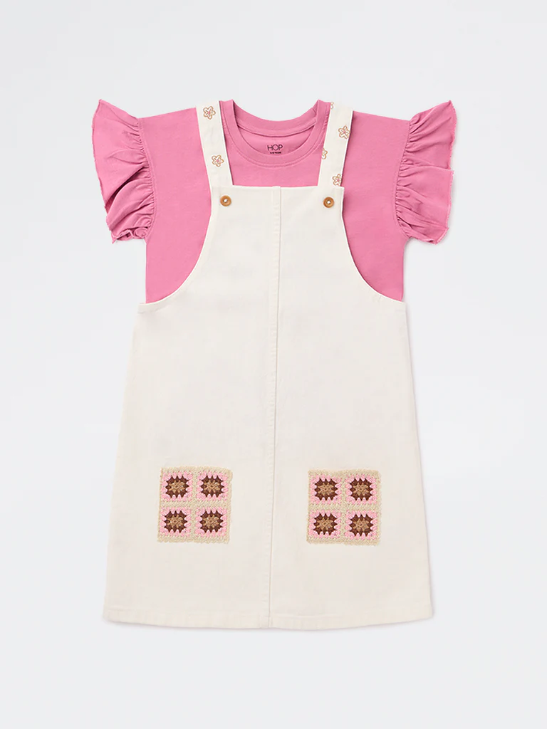 HOP Kids Girls Off-White Embroidered Cotton Pinafore and T-Shirt Set - Image 3