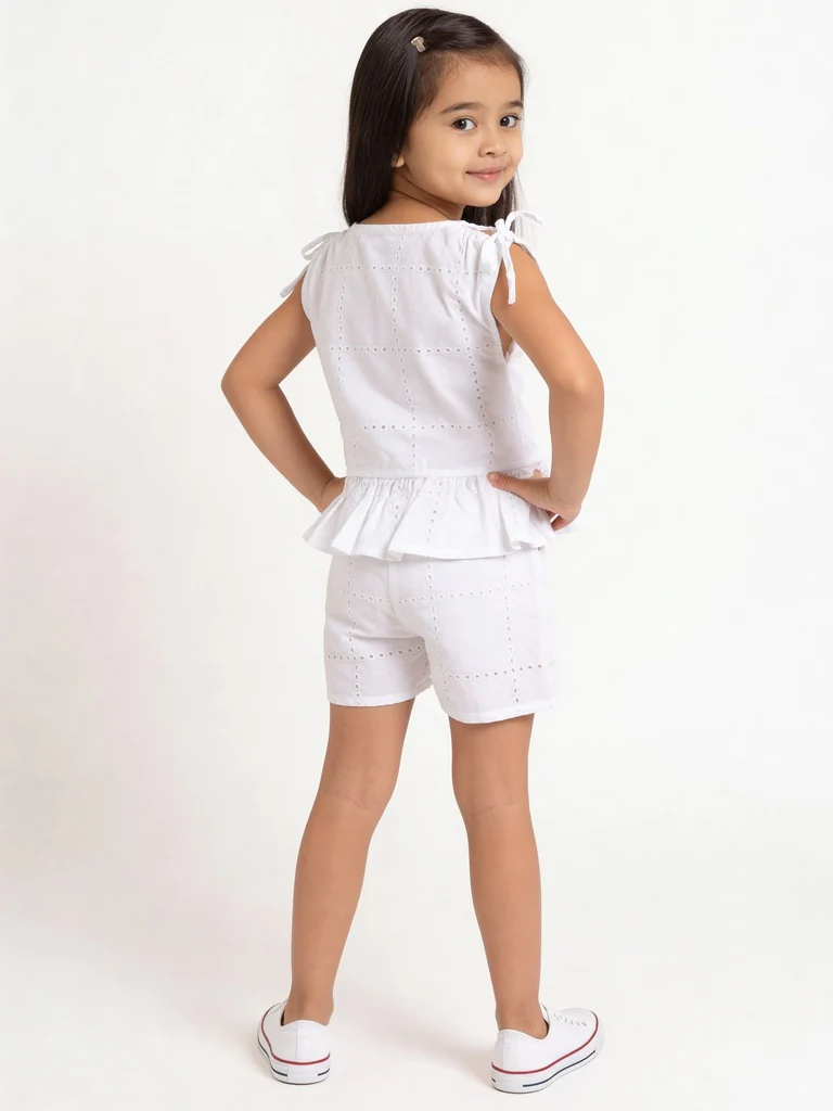 HOP Kids Girls Off-White Embroidered Cotton Top and Shorts Set - Image 2