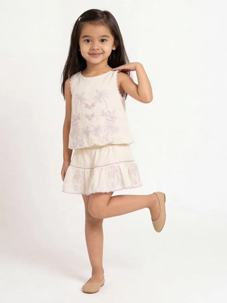 HOP Kids Girls Off White Embroidered Cotton Top and Skirt Set
