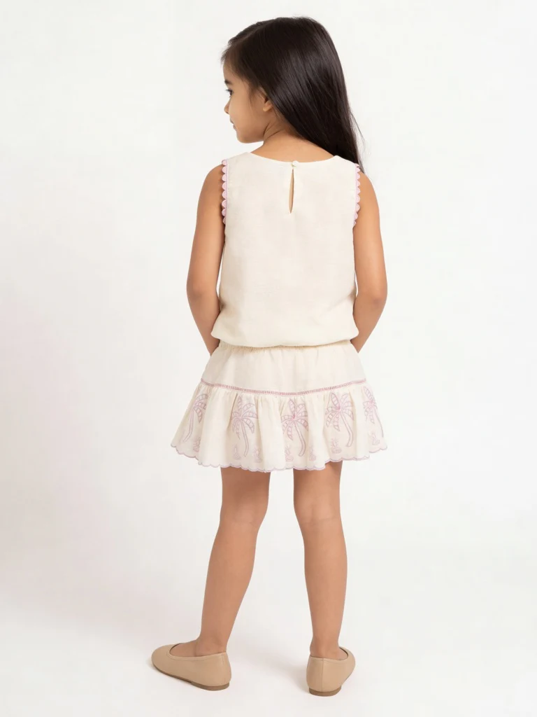 HOP Kids Girls Off White Embroidered Cotton Top and Skirt Set - Image 2
