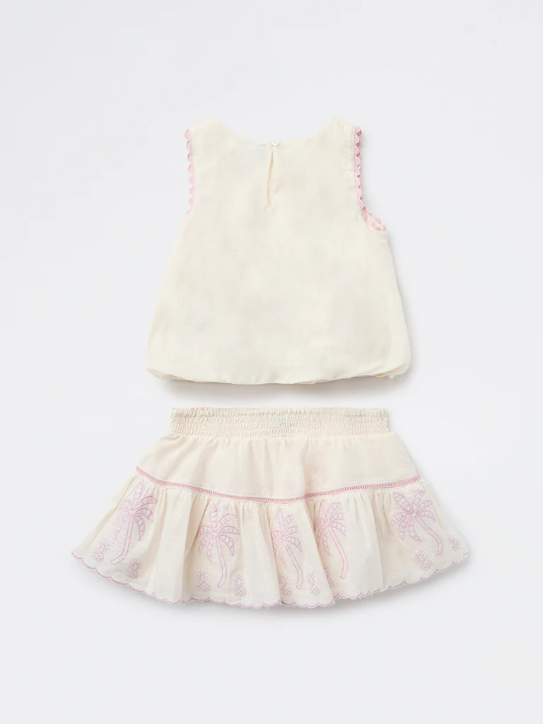 HOP Kids Girls Off White Embroidered Cotton Top and Skirt Set - Image 4