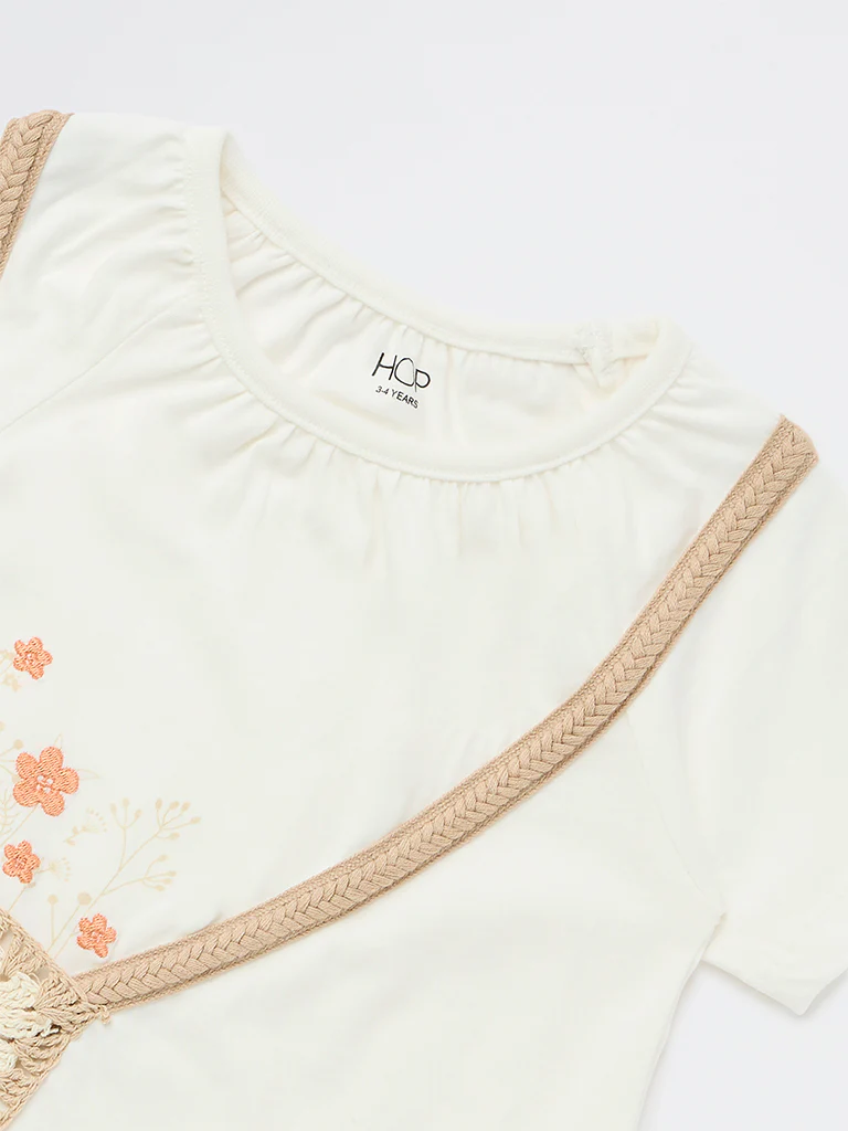 HOP Kids Girls Off-White Embroidered Crocheted Cotton Top - Image 5