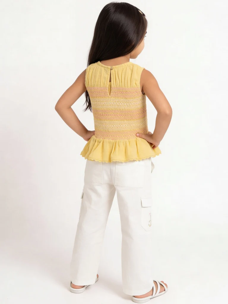 HOP Kids Girls Off-White Embroidered High-Rise Cotton Trousers - Image 3