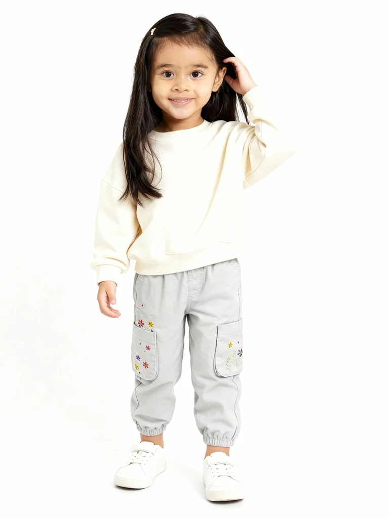 HOP Kids Girls Off-White Embroidered Mid-Rise Cotton Joggers