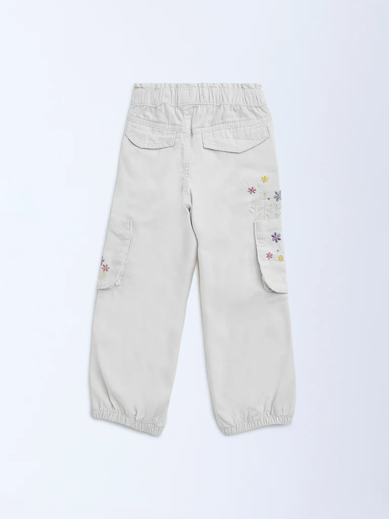 HOP Kids Girls Off-White Embroidered Mid-Rise Cotton Joggers - Image 4