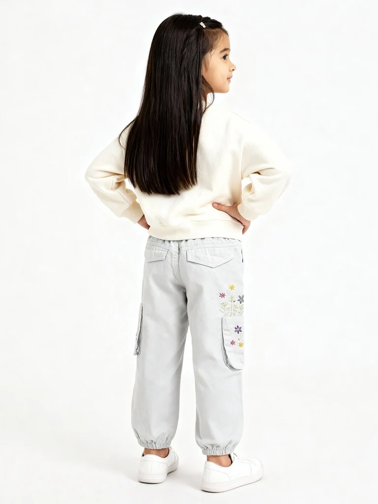 HOP Kids Girls Off-White Embroidered Mid-Rise Cotton Joggers - Image 6