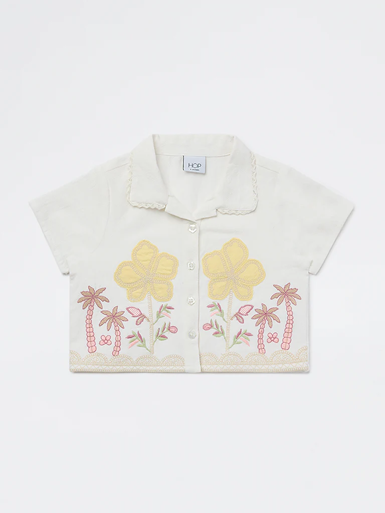 HOP Kids Girls Off-White Embroidered Resort-Fit Cotton Shirt - Image 3