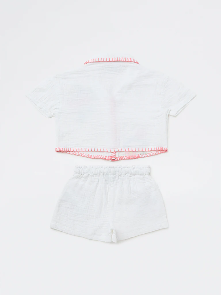 HOP Kids Girls Off-White Floral Cotton Shirt and Shorts Set - Image 4