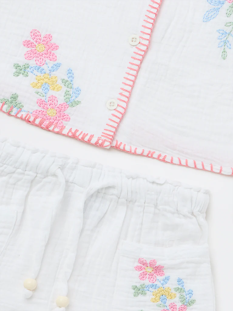HOP Kids Girls Off-White Floral Cotton Shirt and Shorts Set - Image 5