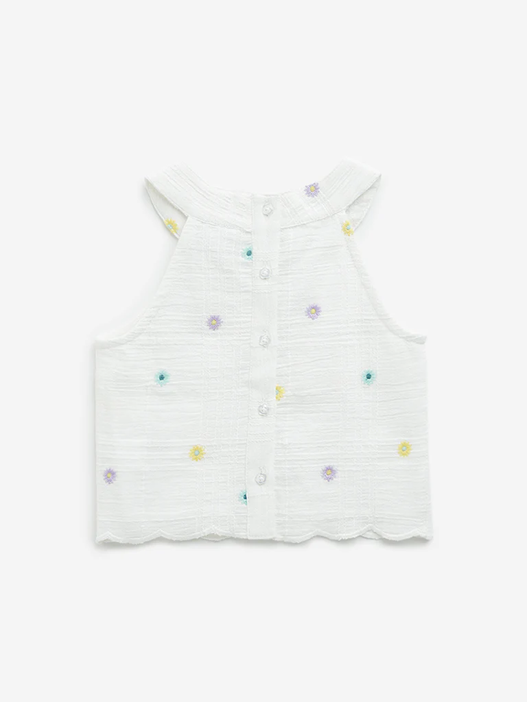 HOP Kids Girls Off-White Floral Embroidered Cotton Top - Image 2