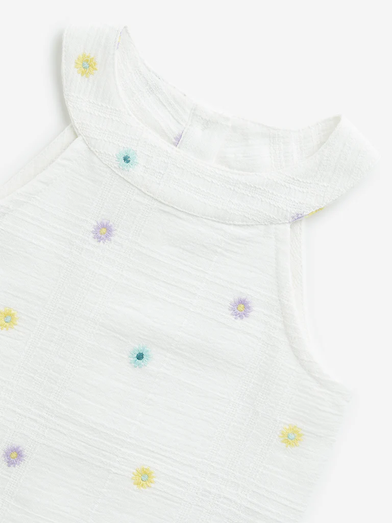 HOP Kids Girls Off-White Floral Embroidered Cotton Top - Image 3