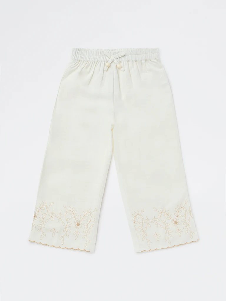 HOP Kids Girls Off-White Floral Embroidered High-Rise Pants - Image 3