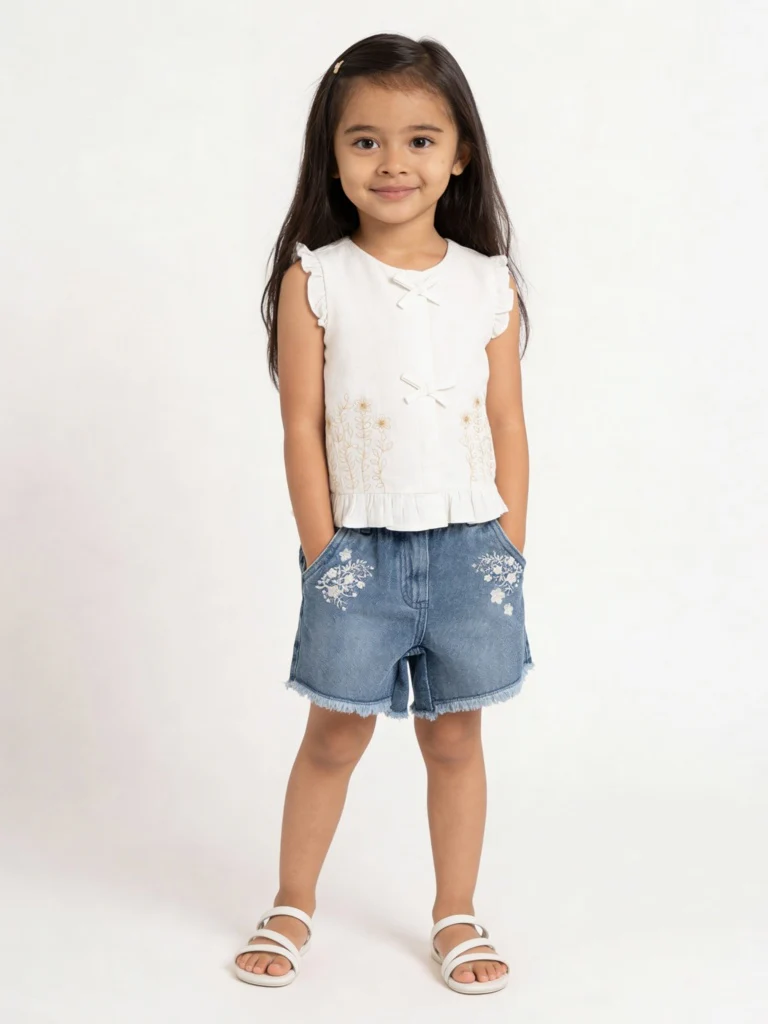HOP Kids Girls Off-White Floral Embroidered Top