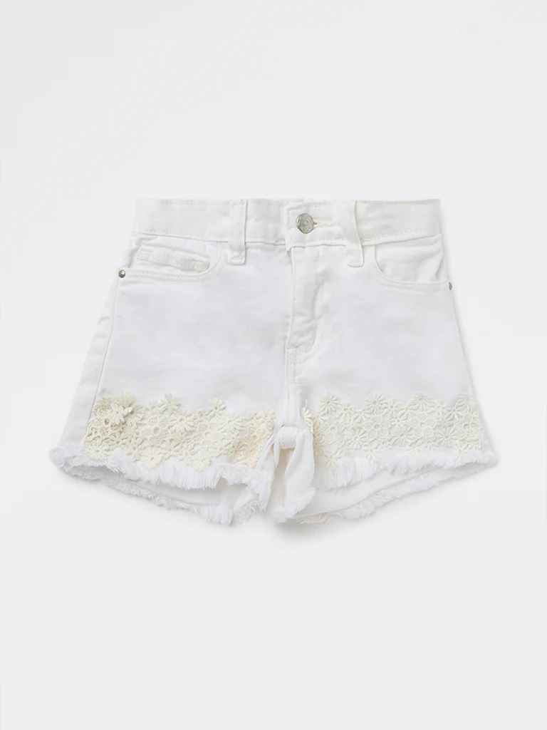 HOP Kids Girls Off-White Floral High-Rise Denim Shorts - Image 2