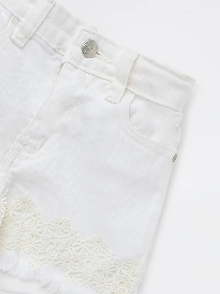 HOP Kids Girls Off-White Floral High-Rise Denim Shorts - Image 4