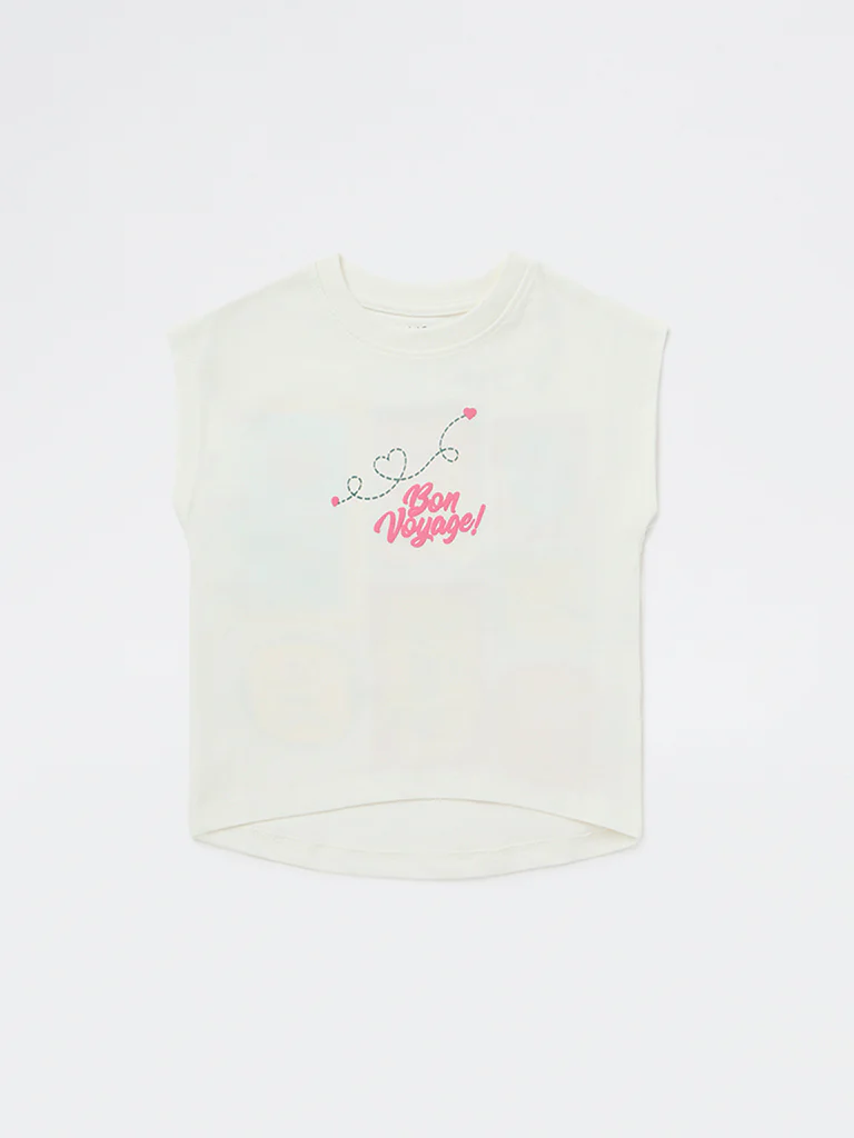 HOP Kids Girls Off-White Graphic Printed Cotton T-Shirt - Image 4