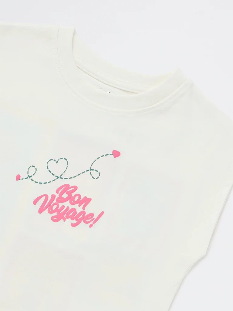 HOP Kids Girls Off-White Graphic Printed Cotton T-Shirt - Image 6