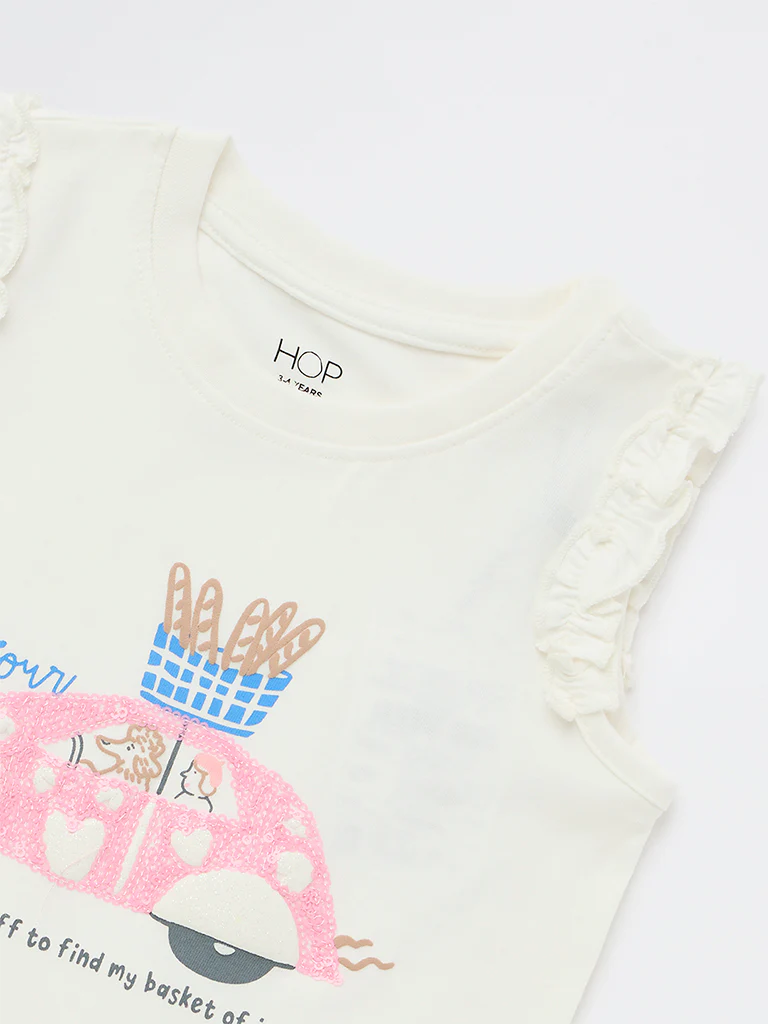 HOP Kids Girls Off-White Graphic Printed Cotton Top - Image 6