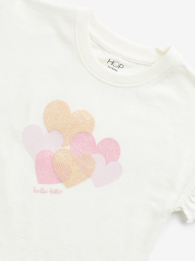 HOP Kids Girls Off-White Heart Embellished Cotton T-Shirt - Image 4