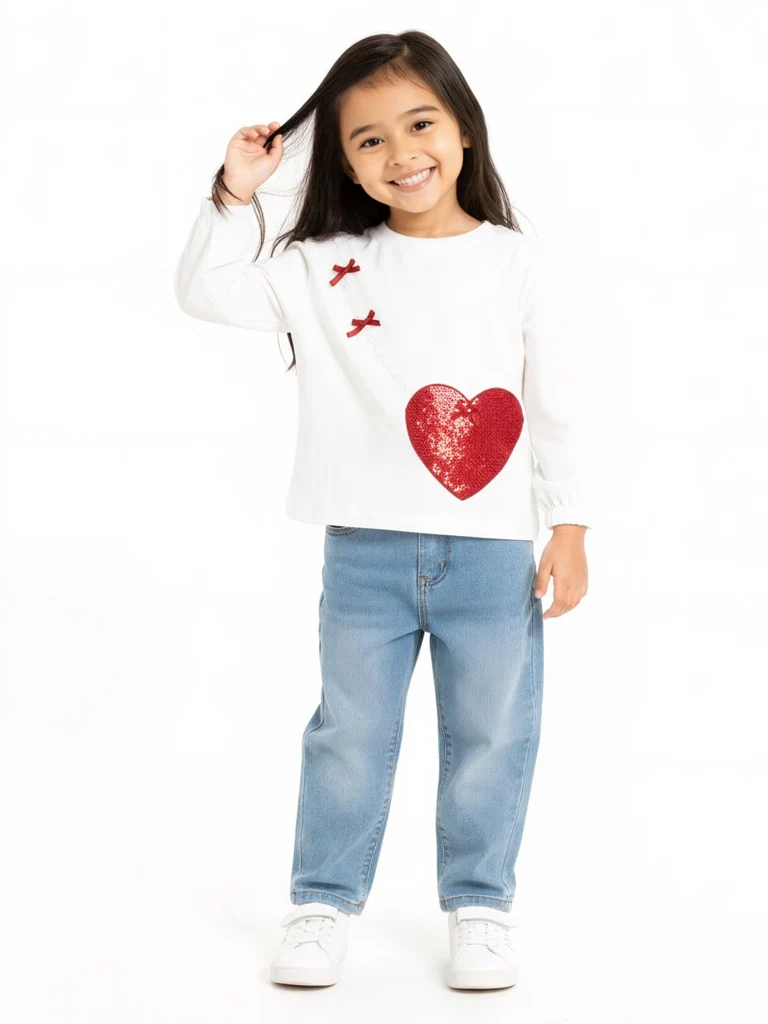 HOP Kids Girls Off-White Heart Embellished Cotton Top