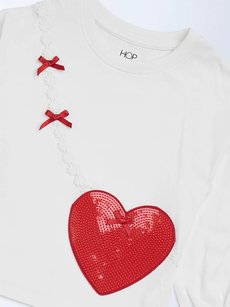 HOP Kids Girls Off-White Heart Embellished Cotton Top - Image 4