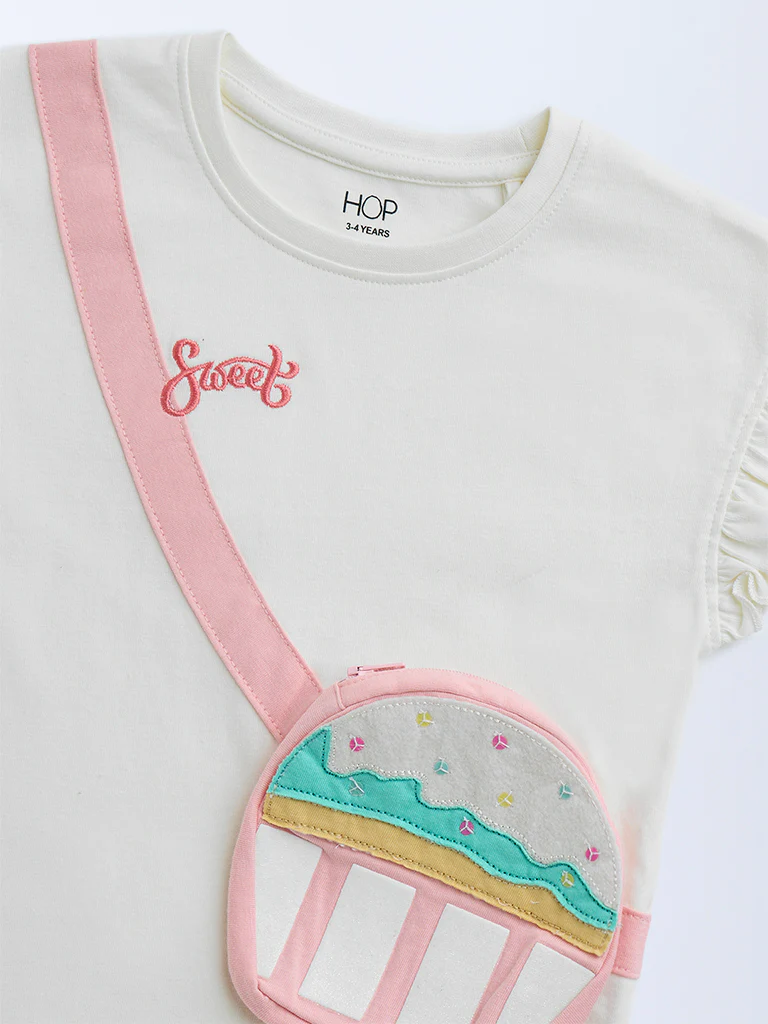 HOP Kids Girls Off-White Pouch-Detailed Cotton Top - Image 4