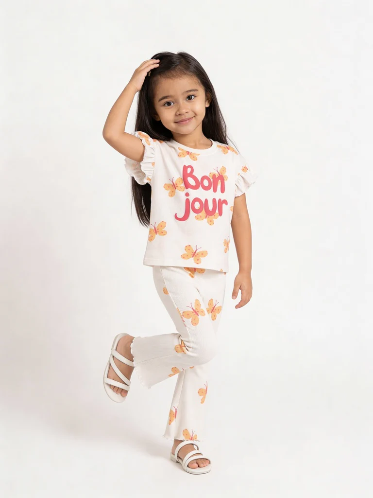 HOP Kids Girls Off-White Printed Cotton-Blend Top and Pants Set